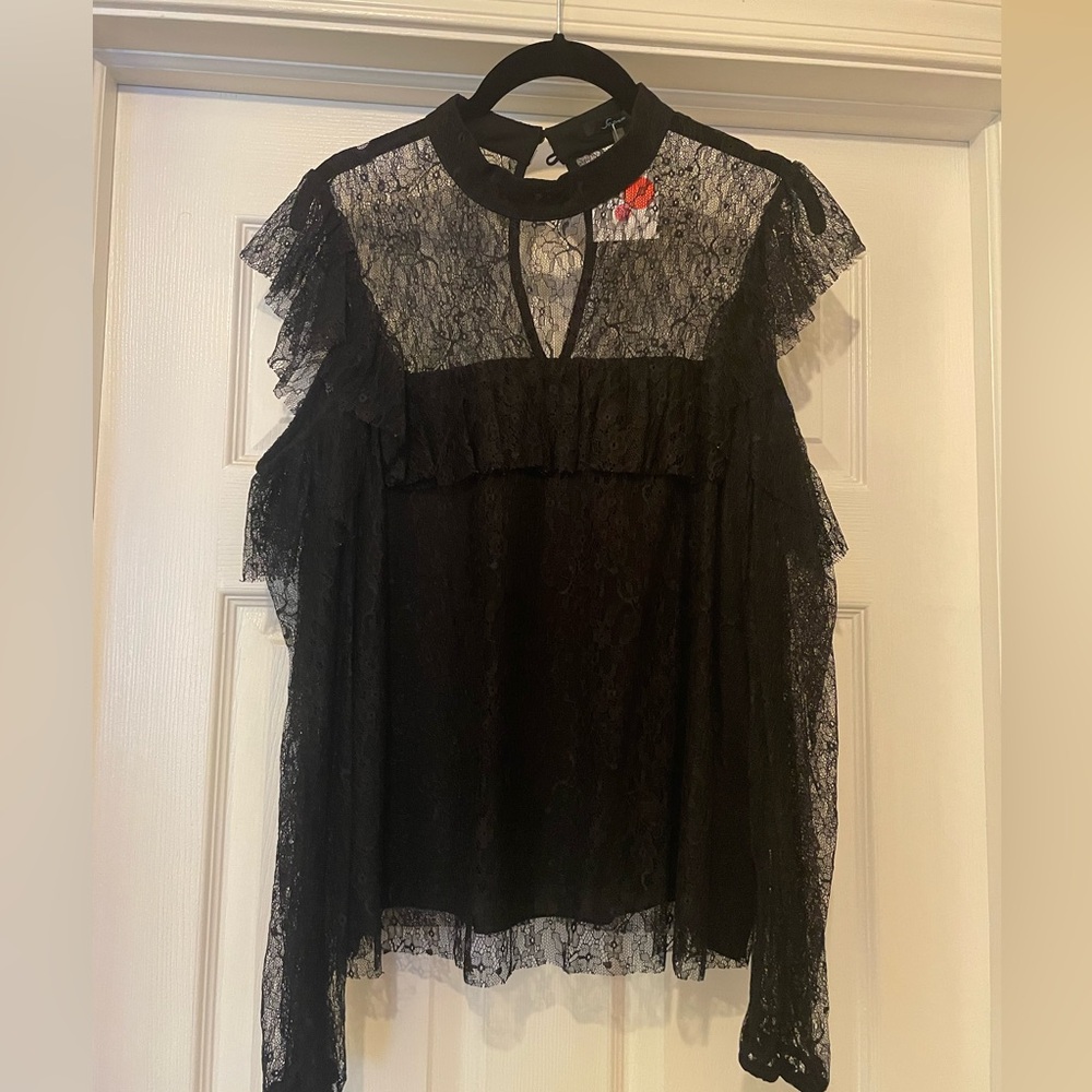 Soprano Black Ruffled Cold Shoulder Blouse with Mandarin Collar